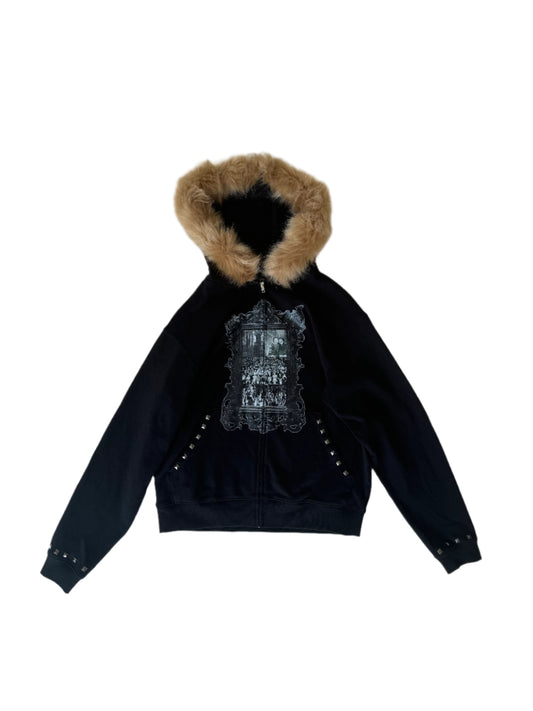 'Haunted' Fur Collar Studded Zip Up